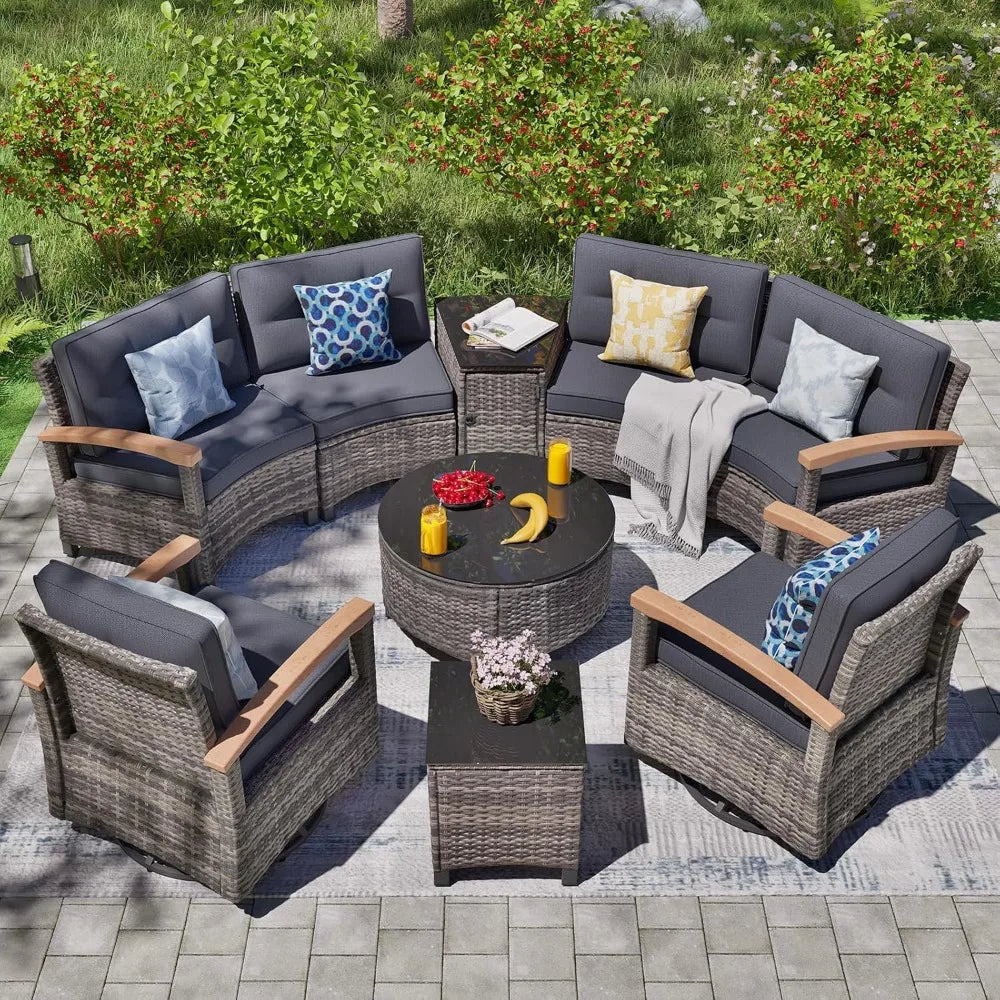PatioLix 9 Piece Outdoor Patio Furniture Set, Half-Moon Curved Sectional Set with Wood Armrests, Patio Conversation Set, Tempered Glass