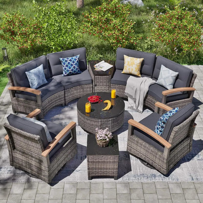 PatioLix 9 Piece Outdoor Patio Furniture Set, Half-Moon Curved Sectional Set with Wood Armrests, Patio Conversation Set, Tempered Glass