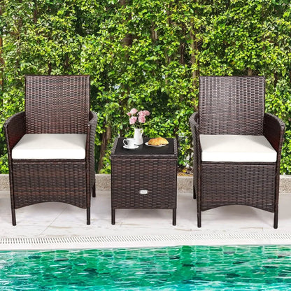 3 Pieces Rattan Patio Bistro Set, PE Wicker Furniture Set Outdoor Conversation Set with Coffee Table & Soft Cushions
