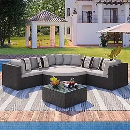 8-Piece Outdoor Wicker Patio Furniture Set with Rectangular Glass Coffee Table for Backyard Conversation
