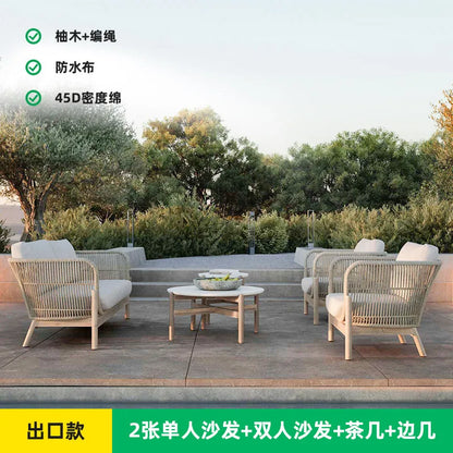 Outdoor sofa courtyard rattan teak outdoor garden villa hotel waterproof and sun protection homestay solid wood sofa furniture