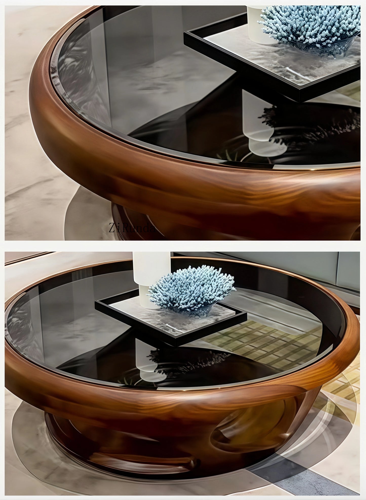 Table basse en noyer noir, table basse ronde en bois massif pour salon et maison