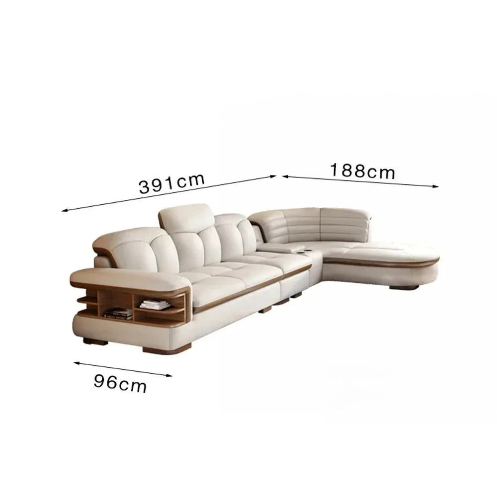 Luxury L-Shaped Genuine Leather Sectional Sofa Sets with USB, Bluetooth Speaker - MINGDIBAO Living Room Italian Leather Couches