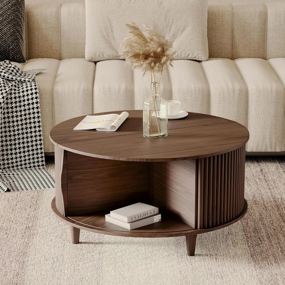 Round Coffee Table with Storage,Fluted Center Table with Sliding Cabinet Door for Living Room,Home Small Space
