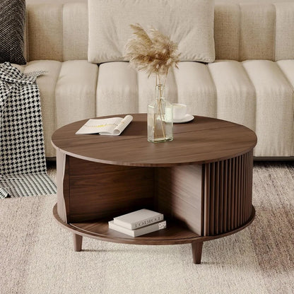 Round Coffee Table with Storage,Fluted Center Table with Sliding Cabinet Door for Living Room,Home Small Space