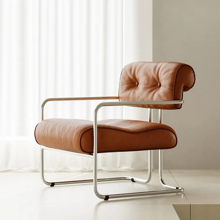 French light luxury stainless steel leather single sofa chair bedroom living room creative leisure chair cafe back dining chair