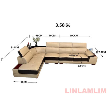 MINGDIBAO Modern Minimalist Genuine Leather Sectional Sofa with Console, Storage and Speaker Italian Leather Living Room Couch
