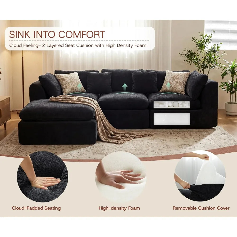 110''Oversized Modular Sectional Sofa Chenille Deep Seat Memory Foam L Shape Ottoman 2 Pillows Washable Cover Living Room Custom