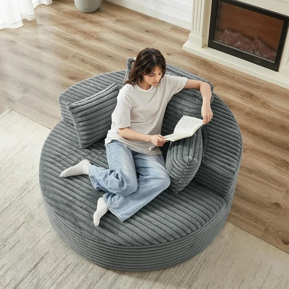"Oversized 55 Inch Round Swivel Barrel Chair - 360 Degree Corduroy Upholstered Comfortable Chaise Lounge Chair for Indoor Use, M