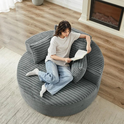 "Oversized 55 Inch Round Swivel Barrel Chair - 360 Degree Corduroy Upholstered Comfortable Chaise Lounge Chair for Indoor Use, M