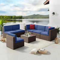8 Piece Outdoor Patio Furniture Set with 44” Fire Pit Table, Rattan Wicker Sectional Sofa and Coffee Table with Thick Cushions