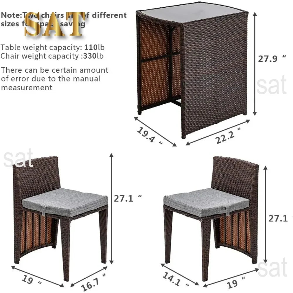 t Bonnlo 3 PCS Wicker Outdoor Patio Bistro Set, Patio Furniture Set for Small Space with Glass Top Table Dining Chairs, Balcony