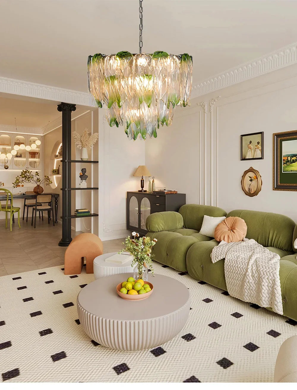 French Romantic Lustre Luxury Chandeliers Antique Designer Gradient Green glass LED Main lamps For Living Room