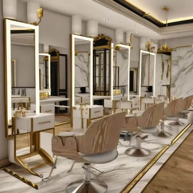 Luxury Gold Frame Barber Station LED Big Best Selling Table Cabinet Salon Mirror with Chair