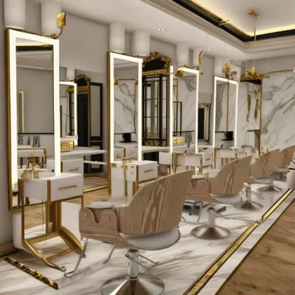 Luxury Gold Frame Barber Station LED Big Best Selling Table Cabinet Salon Mirror with Chair