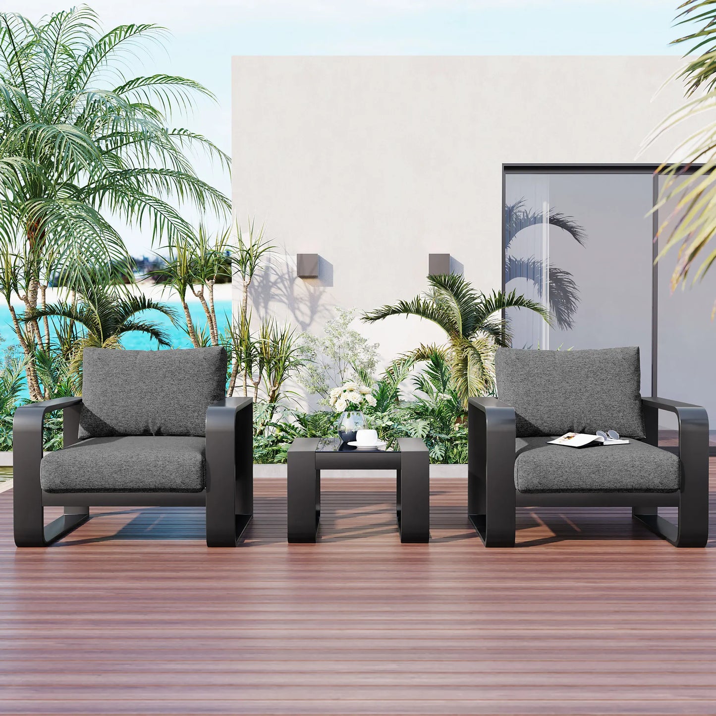 3-pieces Aluminum Frame Patio Furniture With 6.7" Thick Cushion And Coffee Table, All Weather Use Olefin fabric Outdoor Chair, G
