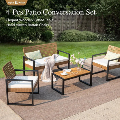 Sophia & William 4 Pieces Patio Conversation Set, Wicker Outdoor Furniture Set for 4, All Weather Outdoor Seating Set, Rattan Lo