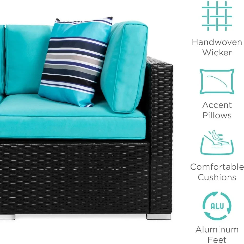 7-Piece Modular Outdoor Sectional Wicker Patio Conversation Set w/ 2 Pillows, Coffee Table, Cover Included - Black/Teal