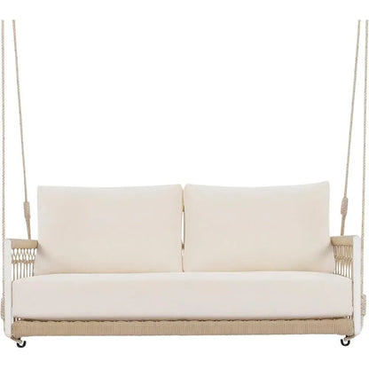 Beige 2-Person Porch Swing with Woven Rope and Soft Cushion for Patio or Garden