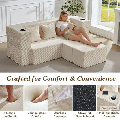 78.7 Sleeper Ottoman Sofa Bed for Small Space, FullLength Folding Memory Foam Couch in a Box with 2 Ottomans amp FlipUp Armrest