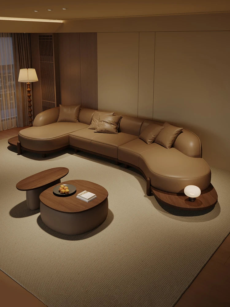 Log wind special-shaped corner sofa leather light luxury high-end sense Song-style aesthetics simple modern living room 2025 new