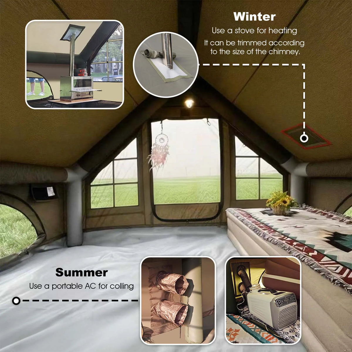 129 Square Feet Green Inflatable Camping Tent with Hand Pump,Waterproof Windproof Outdoor Blow up Tent with Chimney Stack