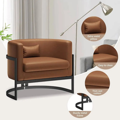 Velvet Upholstered Accent Chair with Gold Frame, Modern Barrel Armchair for Bedroom, Living Room, or Vanity Corner