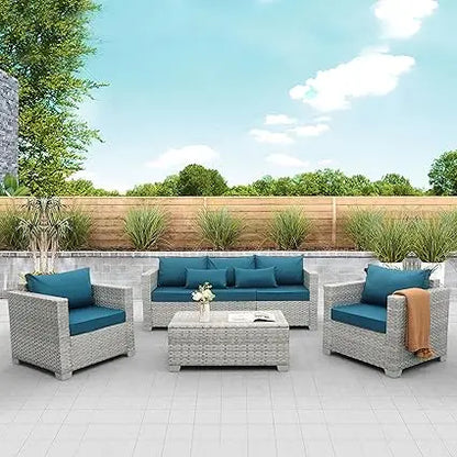4-Piece Wicker Patio Furniture Set, PE Rattan Sectional Sofa with Storage Table, All-Weather Outdoor Conversation Sets.