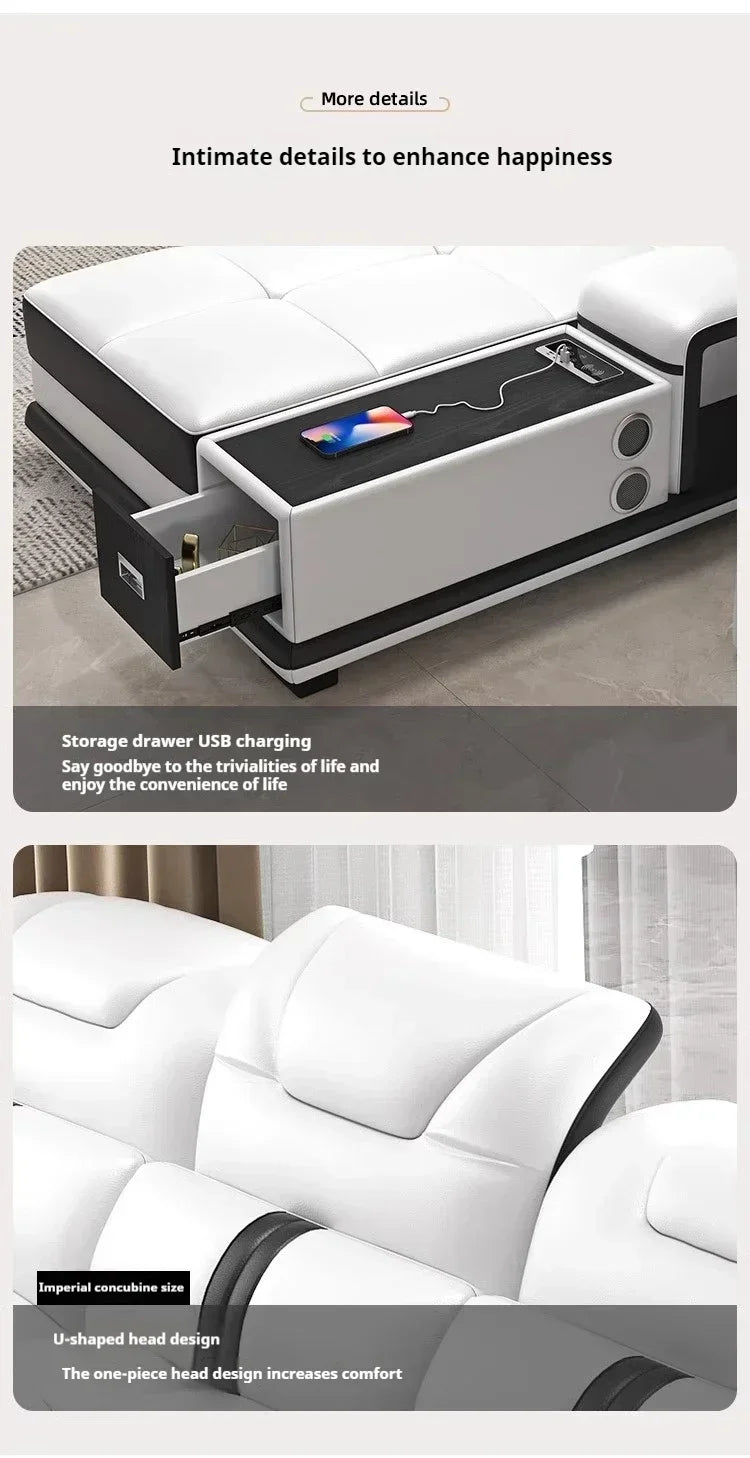 Luxury Italian Genuine Leather Sectional Sofa Set With Bluetooth Speaker And USB Ports Cow Leather Divano Living Room Furniture