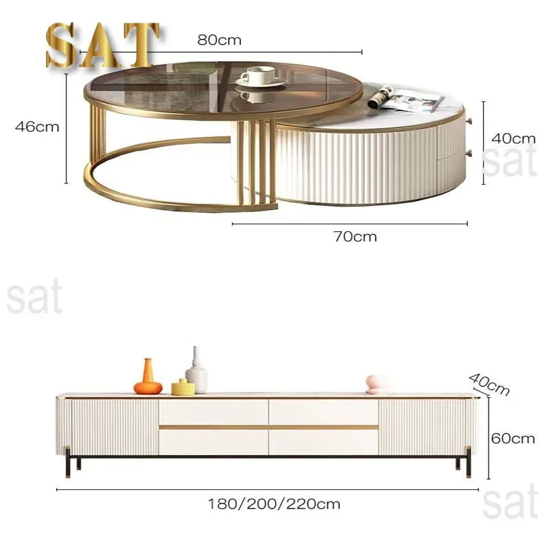 l # Modern Living Room Furniture Gold Base Stainless Steel Coffee Table White Stone Two Pieces Round Coffee Table And Tv Stand