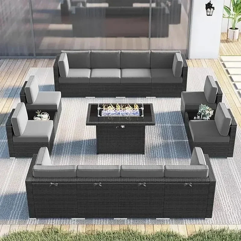 15-Piece Outdoor Wicker Rattan Sectional Sofa Set with Fire Pit Table and Coffee Table
