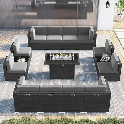 15-Piece Outdoor Wicker Rattan Sectional Sofa Set with Fire Pit Table and Coffee Table