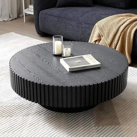 Modern Wooden Round Coffee Table with Storage, Solid Wood Veneer Accent Table for Living Room