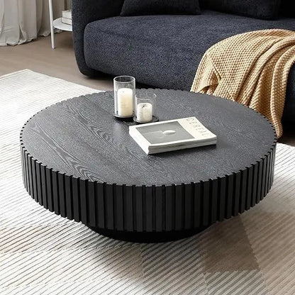 Modern Wooden Round Coffee Table with Storage, Solid Wood Veneer Accent Table for Living Room