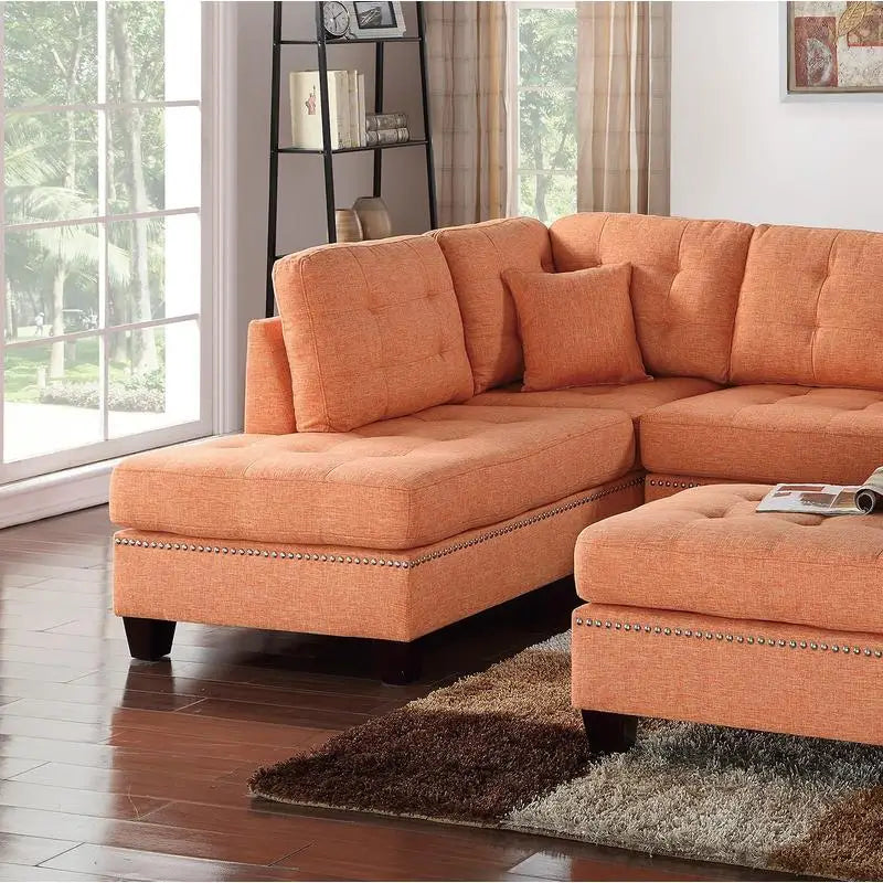 Modern Citrus 3-Piece Sectional Sofa with Reversible Chaise and Ottoman, Tufted Polyfiber Cushion, Includes Pillows for Living