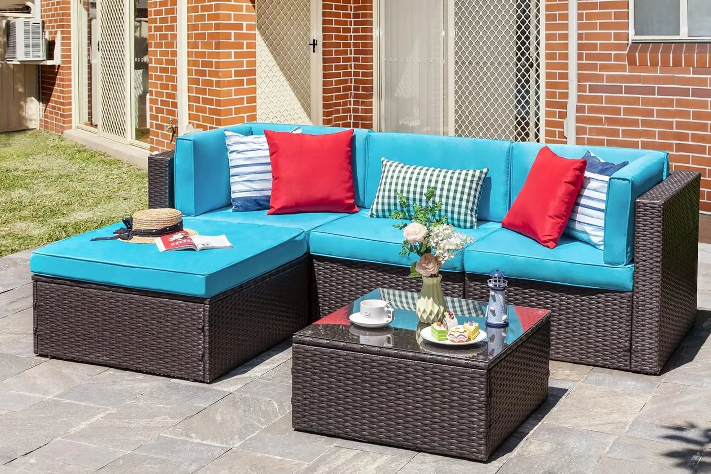 5-Piece Patio Set: All-Weather Brown PE Wicker Sectional Couch - Outdoor Conversation Group for Garden & Patio