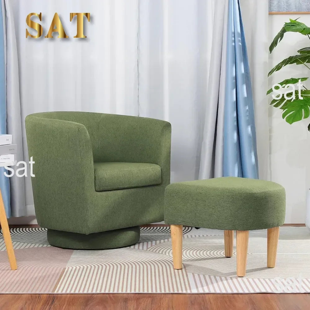 Chair Set of 2, Modern Swivel Chair with Ottoman, Comfy Armchair, Barrel Round Sofa Chair for Bedroom, Green