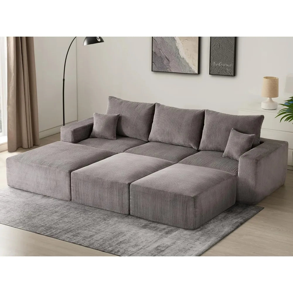 Modern Sectional Sleeper Sofa Bed 3-Seater Grey Lounge Couch Corduroy Convertible Sponge Compression Modular Sofas Chaise Home