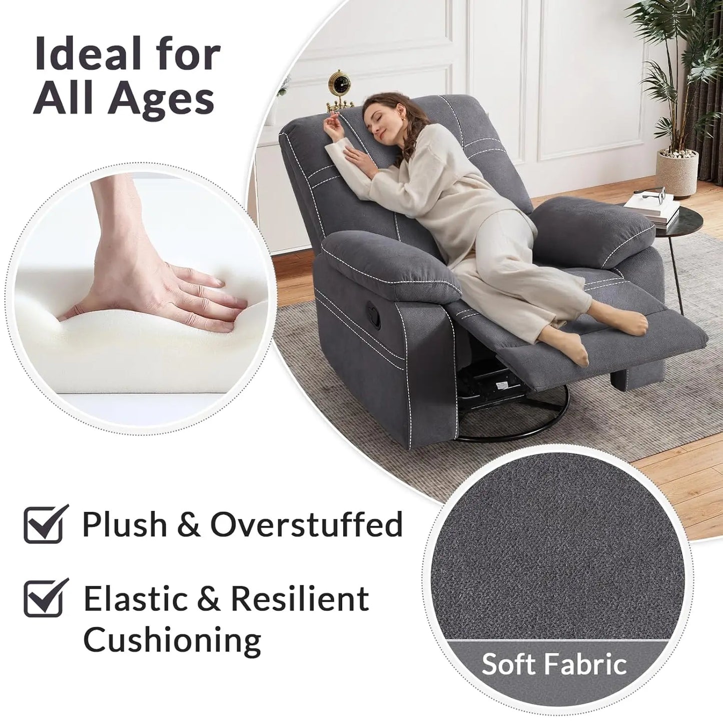 360° Swivel Rocker Recliner Chair For Adults, Manual RockingRecliner Chair With Overstuffed Backrest And Armrests,, Customized