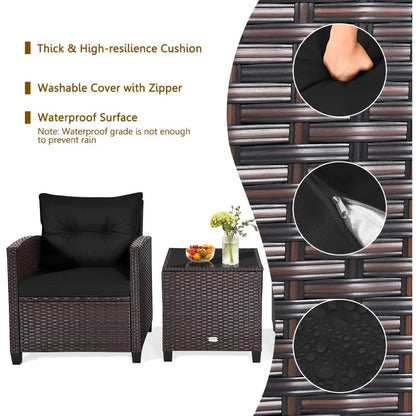 3 Piece Patio Furniture Set, Wicker Bistro Conversation Set w/ 2 Cushioned Armchairs & Glass Topped Table, Outdoor Rattan Sofa