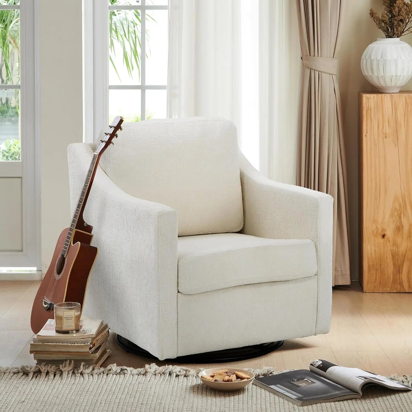 Swivel Accent Chair, 360° Rotation Chenille Fabric Upholstered Leisure Armchair with Lumbar Pillow for Living Room Bedroo