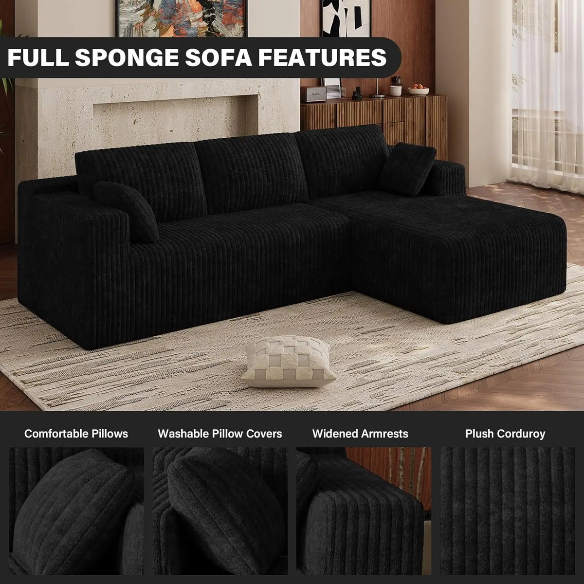 Cloud Couch Sectional Modular Sofa, 103 Comfy Black L Shaped Boneless Couches for Living Room, Deep Seat Plush Corduroy Couch Se