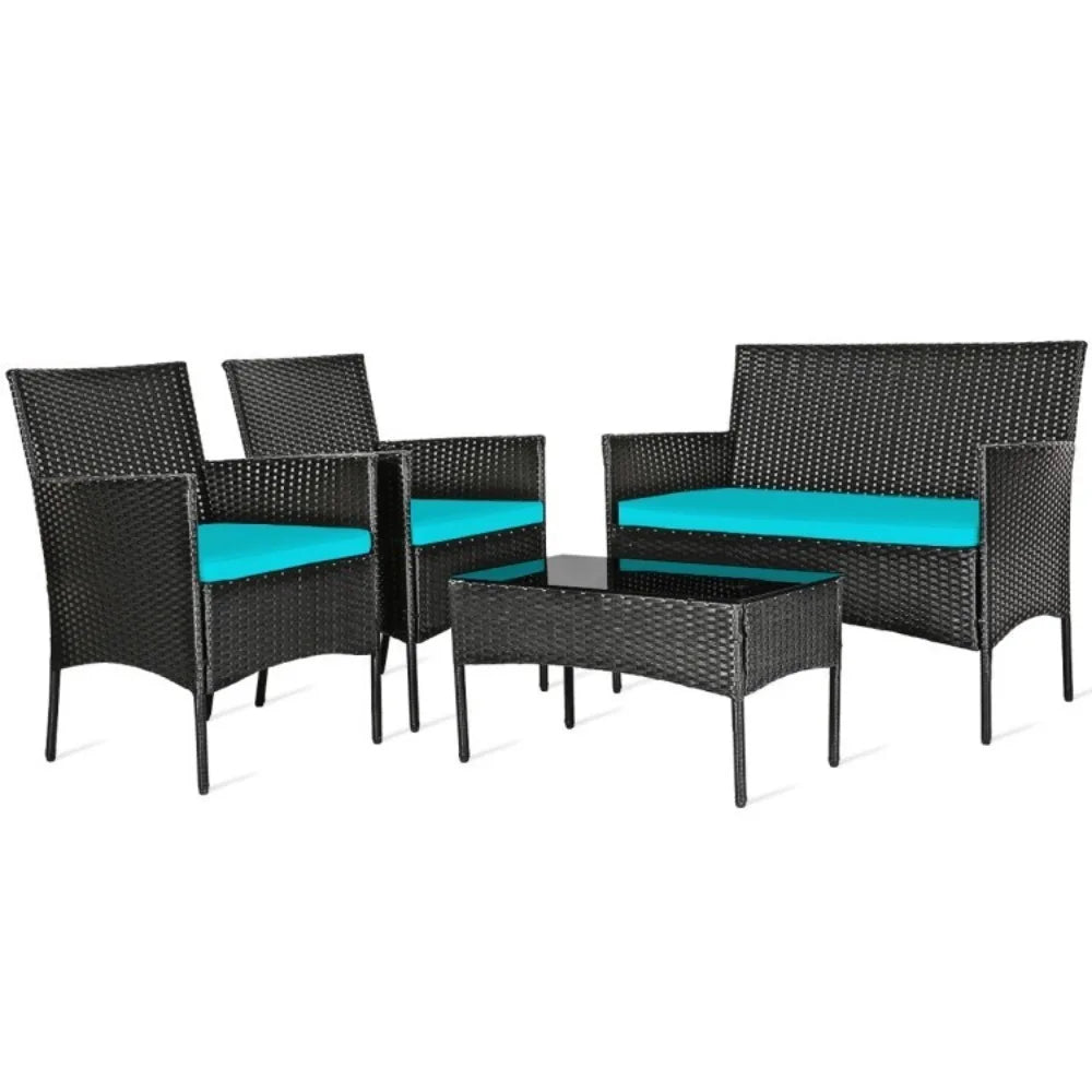 4 Pcs Patio Rattan Cushioned Sofa Furniture Set With Tempered Glass Coffee Tabl