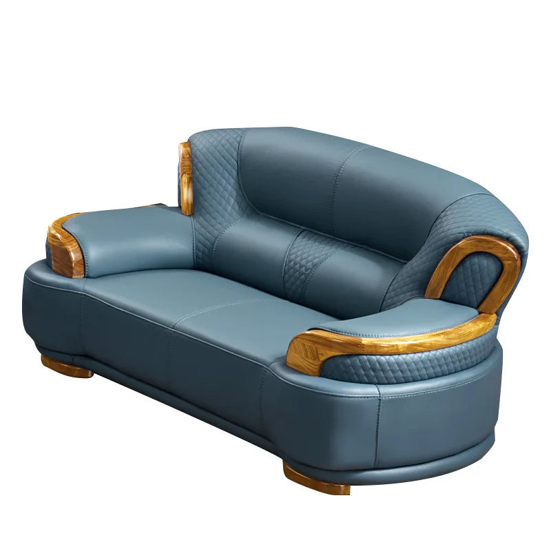 New Chinese ebony leather sofa modern simple living room large first layer yellow cowhide new solid wood combination