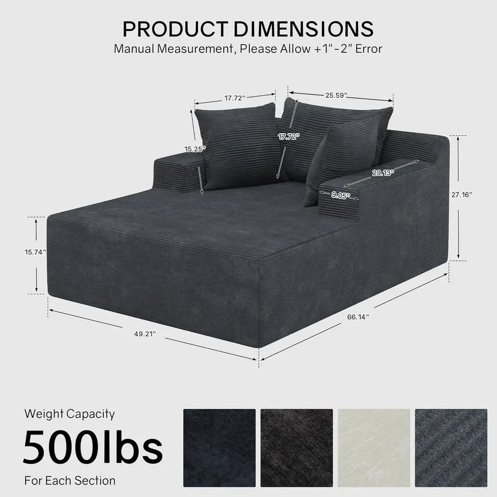 66 Oversized Chaise Lounge Chair Indoor, Plush Corduroy Cloud Reading Chair, 3 Pillows Included, Deep Seat Sleeper Couch for Liv