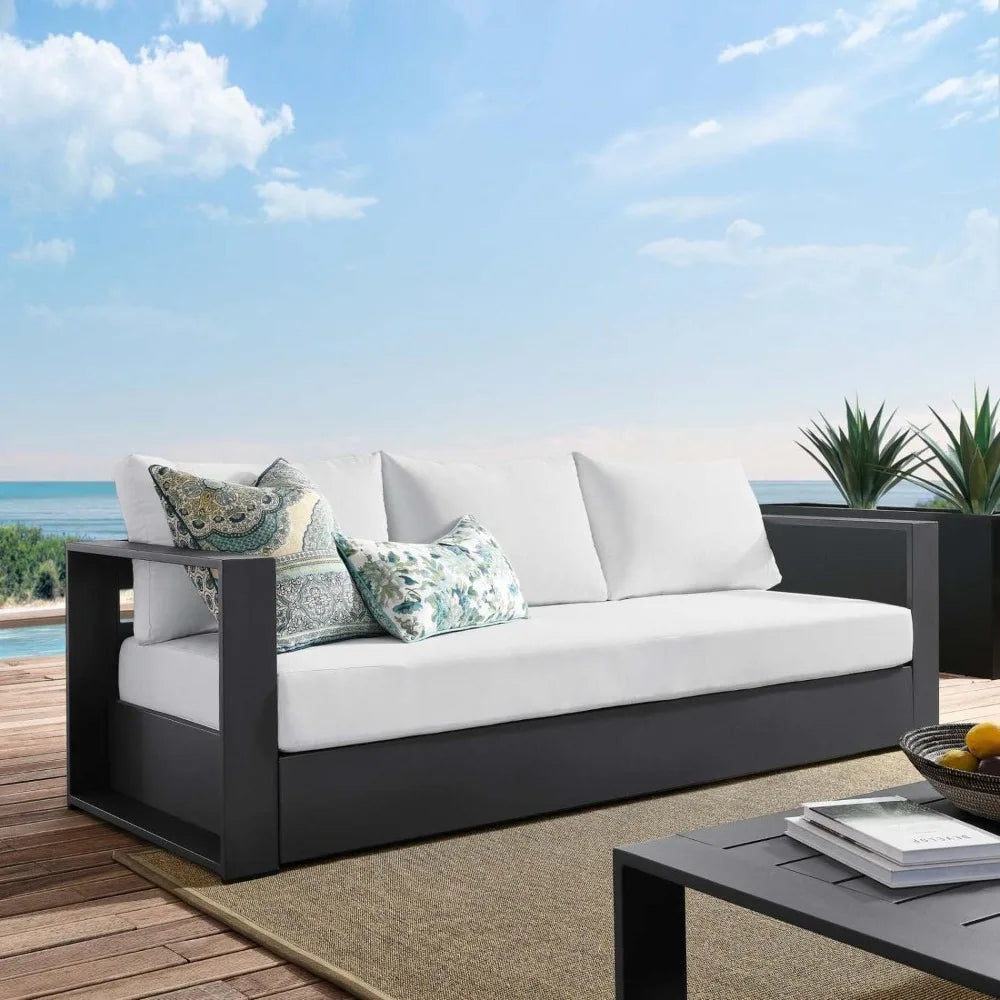 Gray White Aluminum Outdoor Patio Sofa, Modern All-Weather Garden Lounge Furniture for Terrace