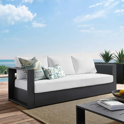 Gray White Aluminum Outdoor Patio Sofa, Modern All-Weather Garden Lounge Furniture for Terrace