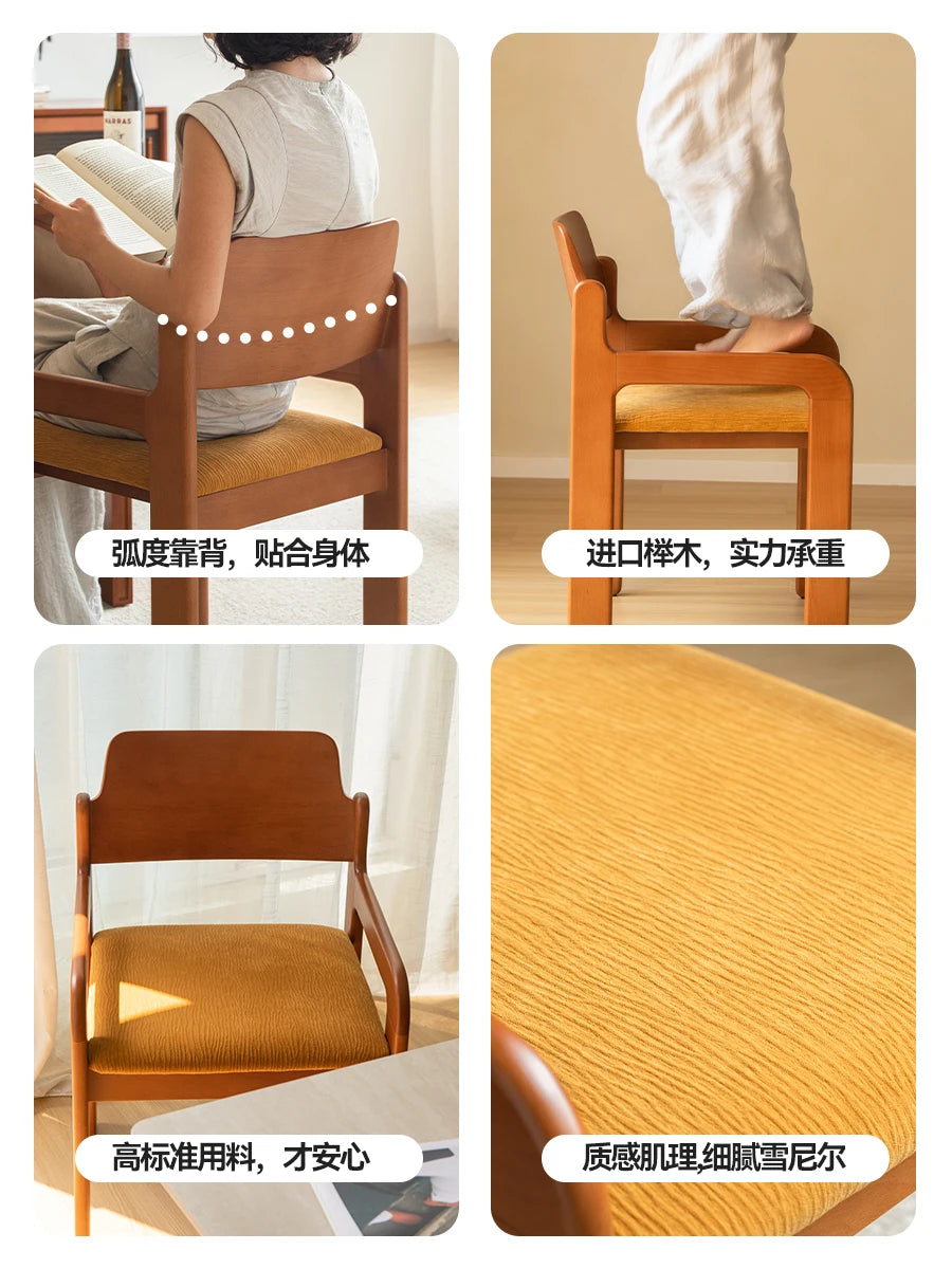 French retro solid wood dining chair home simple designer chair bedroom fabric medieval backrest single chair