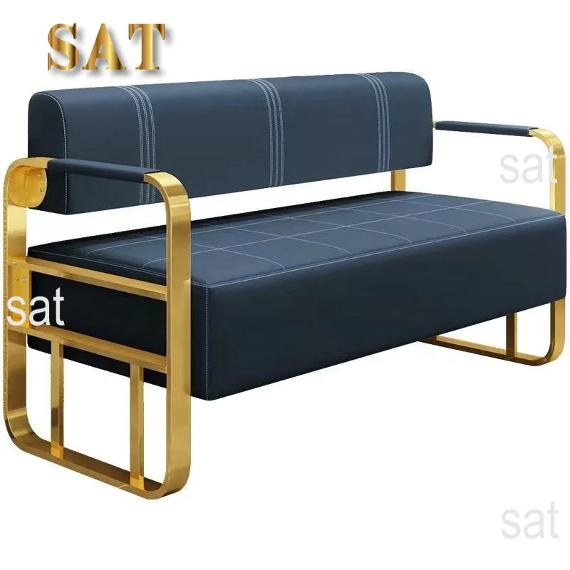 */Beauty Salon Barbershop Waiting Area Furniture Gold Metal Frame Leather Double Seats Room Chair