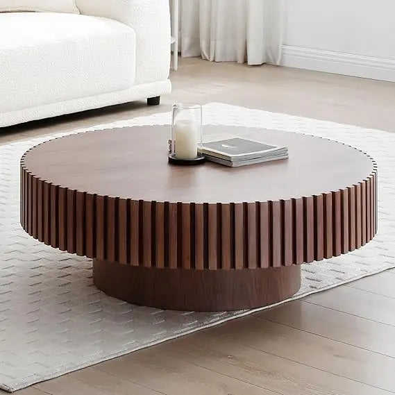 Walnut Round Coffee Table Wood, Modern Fluted Coffee Table for Living Room, Contemporary Low Circle Center Tables
